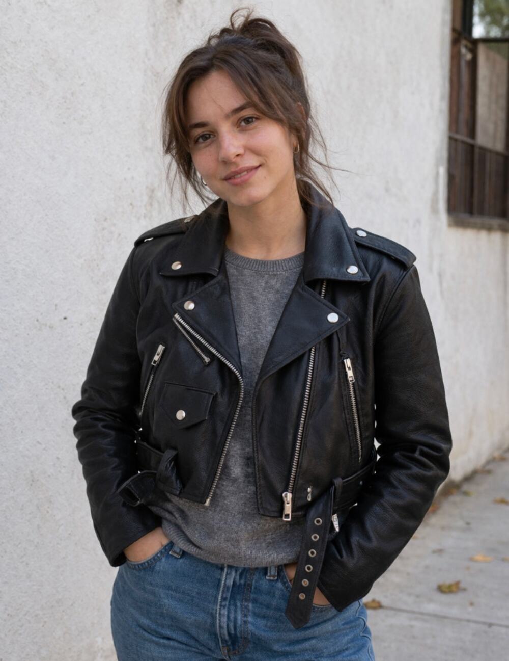 Vintage Leather Moto Biker Jacket Cropped Zippered Belted Distressed